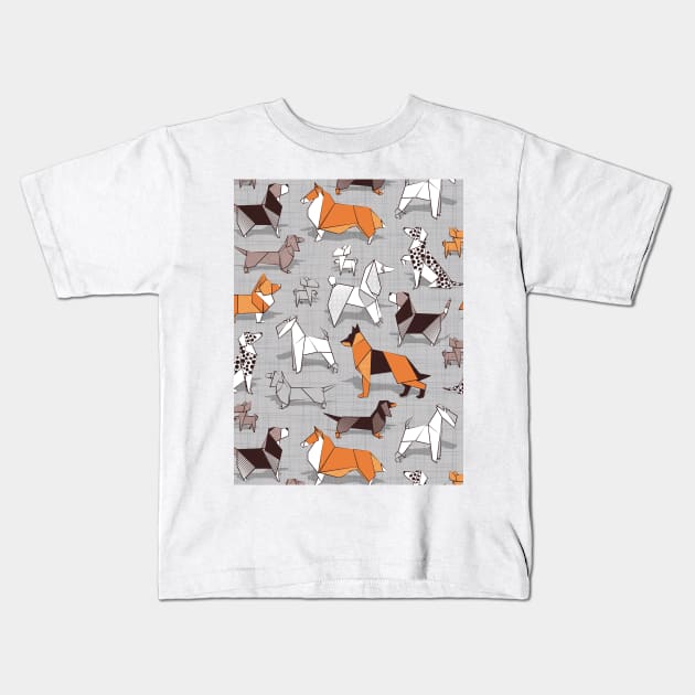 Origami doggie friends // pattern // grey linen texture background Kids T-Shirt by SelmaCardoso